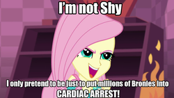 Size: 1280x720 | Tagged: safe, screencap, fluttershy, a fine line, equestria girls, g4, my little pony equestria girls: better together, daimando is going to hell, female, fluttershy's revenge, image macro, imminent heart attack, meme, pure unfiltered evil