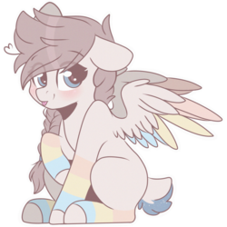 Size: 2048x2048 | Tagged: safe, artist:cinnamontee, oc, oc only, unnamed oc, pegasus, pony, clothes, colored wings, cute, deer tail, female, high res, mare, multicolored wings, ocbetes, simple background, sitting, socks, solo, striped socks, tongue out, transparent background