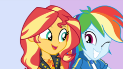 Size: 1358x764 | Tagged: safe, screencap, rainbow dash, sunset shimmer, a fine line, equestria girls, g4, my little pony equestria girls: better together, female, geode of empathy, geode of super speed, magical geodes, one eye closed, wink