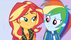 Size: 1358x764 | Tagged: safe, screencap, rainbow dash, sunset shimmer, a fine line, equestria girls, g4, my little pony equestria girls: better together, female, geode of empathy, geode of super speed, looking at each other, magical geodes