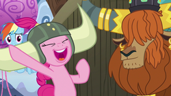 Size: 1280x720 | Tagged: safe, screencap, pinkie pie, prince rutherford, rainbow dash, pony, yak, g4, not asking for trouble, bipedal, helmet, honorary yak horns, horned helmet, viking helmet