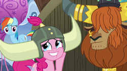 Size: 1280x720 | Tagged: safe, screencap, pinkie pie, prince rutherford, rainbow dash, pony, yak, g4, not asking for trouble, helmet, honorary yak horns, horned helmet, viking helmet