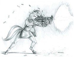 Size: 1400x1078 | Tagged: safe, artist:baron engel, lyra heartstrings, unicorn, anthro, unguligrade anthro, g4, clothes, drum magazine, eotech, female, firing, grayscale, gun, h&k g3, heckler and koch, mare, monochrome, pencil drawing, simple background, sketch, story included, traditional art, weapon, white background