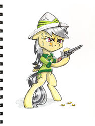 Size: 1600x2133 | Tagged: safe, artist:helmie-art, daring do, pegasus, pony, g4, clothes, female, gun, handgun, hat, inktober 2017, mare, reality ensues, revolver, solo, traditional art, weapon