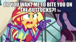 Size: 600x337 | Tagged: safe, screencap, sci-twi, sunset shimmer, twilight sparkle, equestria girls, g4, my little pony equestria girls: friendship games, angry, exploitable meme, image macro, meme, memeful.com, my gym partner's a monkey, sunset yells at twilight