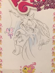 Size: 1536x2048 | Tagged: safe, artist:andy price, fluttershy, queen chrysalis, changeling, changeling queen, pony, friendship is magic #4, g4, fangs, female, mare, sketch, smiling, traditional art