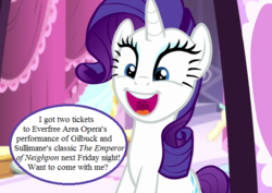 Size: 600x425 | Tagged: safe, edit, edited screencap, editor:korora, screencap, rarity, g4, the saddle row review, bronybait, carousel boutique, cropped, cute, gilbert and sullivan, happy, invitation, raribetes, smiling, speech bubble