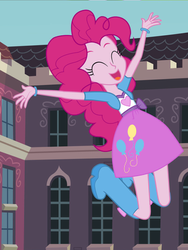 Size: 1536x2048 | Tagged: safe, artist:mlp-silver-quill, pinkie pie, comic:pinkie pie says goodnight, equestria girls, g4, ^^, balloon, boots, bracelet, canterlot high, clothes, cropped, cute, eyes closed, female, happy, jewelry, open mouth, shoes, skirt, solo, yay