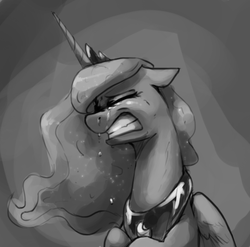 Size: 746x737 | Tagged: safe, artist:anticular, princess luna, alicorn, pony, g4, bust, crying, eyes closed, female, floppy ears, grayscale, gritted teeth, jewelry, mare, monochrome, regalia, sad, solo, vent art