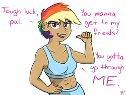Size: 1600x1200 | Tagged: safe, artist:yakoshi, rainbow dash, human, g4, abs, clothes, dialogue, female, humanized, moderate dark skin, simple background, solo, sports bra, sports shorts, white background