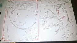 Size: 1024x576 | Tagged: safe, artist:andypriceart, elmer eagle, monochrome, screaming, traditional art, waving, whinnyland, wilhelm wombat