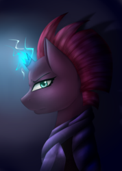 Size: 2695x3782 | Tagged: safe, artist:chasityarcherkiller, tempest shadow, pony, g4, my little pony: the movie, armor, broken horn, bust, dark background, female, high res, horn, looking at you, magic, solo, sparking horn