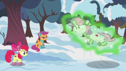 Size: 3840x2160 | Tagged: safe, artist:perplexedpegasus, apple bloom, scootaloo, sweetie belle, g4, annoyed, bundled up for winter, cutie mark crusaders, flying, high res, levitation, magic, scootaloo is not amused, self-levitation, snow, telekinesis, tree, unamused, wavy mouth, winter outfit