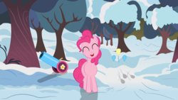 Size: 3840x2160 | Tagged: safe, artist:perplexedpegasus, pinkie pie, g4, cutie mark, female, high res, party cannon, snow, solo, tree, winter