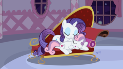 Size: 3840x2160 | Tagged: safe, artist:perplexedpegasus, rarity, sweetie belle, g4, carousel boutique, fainting couch, female, high res, sisters, sleeping