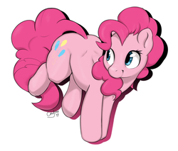 Size: 1500x1280 | Tagged: safe, artist:cewljoke, pinkie pie, earth pony, pony, g4, ass up, cute, diapinkes, female, looking back, mare, simple background, smiling, solo, white background