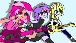 Size: 1280x720 | Tagged: safe, artist:jackjackboivin, oc, oc only, oc:andantino sliver, oc:lemon bolt, oc:magenta diamond, bass guitar, electric guitar, guitar, musical instrument, trace