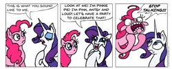 Size: 969x387 | Tagged: safe, artist:gingerfoxy, pinkie pie, rarity, earth pony, pony, unicorn, pony comic generator, g4, comic