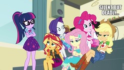 Size: 960x540 | Tagged: safe, edit, edited screencap, screencap, applejack, fluttershy, pinkie pie, rarity, sci-twi, sunset shimmer, twilight sparkle, equestria girls, g4, my little pony equestria girls: better together, overpowered (equestria girls), clothes, geode of empathy, geode of fauna, geode of super speed, geode of super strength, geode of telekinesis, glasses, magical geodes, meme, music room, silent but deadly, sitting