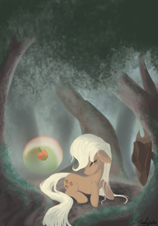 Size: 2100x3000 | Tagged: safe, artist:malajahr, applejack, g4, apple, earth pony magic, eyes closed, female, food, forest, high res, magic, smiling, solo