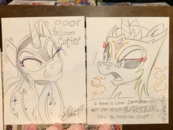 Size: 2048x1536 | Tagged: safe, artist:andypriceart, daybreaker, nightmare moon, alicorn, pony, g4, andy you magnificent bastard, dialogue, female, flirting, implied incest, implied lesbian, implied princest, implied shipping, incest, lesbian, lineart, mare, monochrome, ship:evil princest, shipping, smiling, traditional art