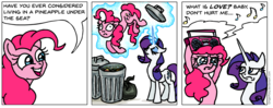Size: 1459x579 | Tagged: safe, artist:gingerfoxy, pinkie pie, rarity, earth pony, pony, unicorn, pony comic generator, g4, abuse, boombox, boombox serenade, comic, crying, glowing, glowing horn, haddaway, horn, into the trash it goes, magic, movie reference, pinkiebuse, radio, say anything, serenade, song reference, spongebob squarepants, telekinesis, trash, trash can, tv reference, what is love