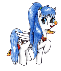 Size: 1363x1596 | Tagged: safe, artist:40kponyguy, derpibooru exclusive, edit, editor:binkyt11, oc, oc only, oc:clarise, pegasus, pony, 2018 community collab, derpibooru community collaboration, ear fluff, looking at you, ponytail, raised hoof, simple background, solo, sword, traditional art, transparent background, weapon