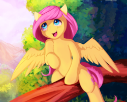 Size: 2500x2000 | Tagged: safe, artist:miokomata, fluttershy, pegasus, pony, g4, blushing, cute, cute little fangs, fangs, female, high res, mare, sexy, shyabetes, smiling, solo, tree