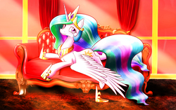 Size: 5000x3144 | Tagged: safe, artist:phoenixperegrine, princess celestia, alicorn, pony, g4, clothes, couch, crown, female, hoof shoes, jewelry, looking at you, mare, pixelated, prone, regalia, shoes, smiling, solo, spread wings, wings