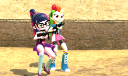 Size: 5120x3072 | Tagged: safe, artist:n3onh100, rainbow dash, sci-twi, twilight sparkle, equestria girls, g4, 3d, angry, boots, boyshorts, clothes, compression shorts, counter-strike, glasses, gmod, gun, m4a1, mary janes, panties, ponytail, purple underwear, shoes, shorts, skirt, skirt lift, socks, steyr aug, underwear, upskirt, weapon