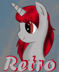 Size: 3300x4000 | Tagged: safe, artist:flamelight-dash, oc, oc only, oc:retro, pony, unicorn, black, bust, gift art, gray, icon, male, red eyes, red mane, simple background, solo