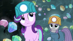 Size: 1136x640 | Tagged: safe, screencap, maud pie, starlight glimmer, earth pony, pony, g4, rock solid friendship, cave, crystal, duo, gem cave, hard hat, headlamp, raised eyebrow, reflection, thinking