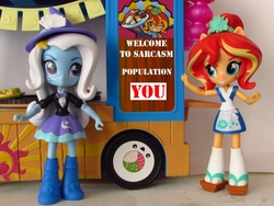Size: 1000x750 | Tagged: safe, artist:whatthehell!?, edit, sunset shimmer, trixie, equestria girls, g4, clothes, doll, equestria girls minis, hand, hat, irl, japanese, outfit, photo, sarcasm, skirt, sunset sushi, toy, truck