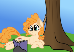 Size: 3496x2480 | Tagged: safe, artist:jubyskylines, pear butter, g4, book, cute, female, guitar, high res, reading, simple background, solo, tree