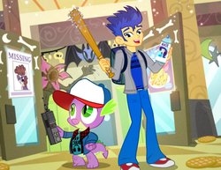 Size: 900x695 | Tagged: safe, artist:pixelkitties, flash sentry, nightmare moon, rarity, spike, twist, equestria girls, g4, baseball bat, crossover, demogorgon, dustin henderson, food, hat, missing poster, spray can, steve harrington, stranger things, waffle, walkie talkie