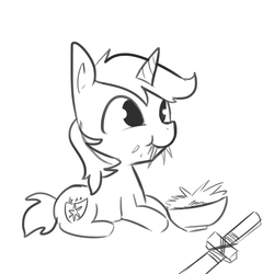 Size: 1650x1650 | Tagged: safe, artist:tjpones, shining armor, pony, unicorn, g4, eating, foal, hay, herbivore, horses doing horse things, male, monochrome, sketch, solo, wooden sword, younger