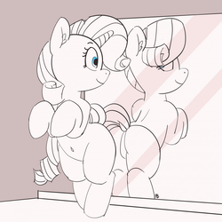 Size: 1280x1280 | Tagged: safe, artist:pabbley, rarity, pony, g4, 30 minute art challenge, belly button, bipedal, butt, dock, ear fluff, featureless crotch, female, looking back, mare, mirror, partial color, plot, smiling