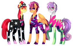 Size: 4873x3113 | Tagged: safe, artist:dazeyruch, apple bloom, scootaloo, sweetie belle, earth pony, pony, g4, clothes, cutie mark crusaders, high res, long neck, show stopper outfits, simple background, tall, transparent background