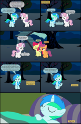 Size: 4551x7001 | Tagged: safe, artist:cyanlightning, apple bloom, scootaloo, sweetie belle, oc, oc:cyan lightning, earth pony, pegasus, pony, unicorn, comic:cyan's adventure, g4, absurd resolution, bed, colt, comic, cutie mark crusaders, eyes closed, female, filly, fourth wall, magic, male, night, one eye closed, open mouth, sweat