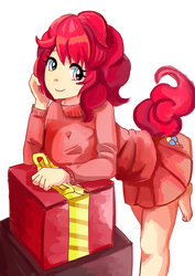 Size: 2480x3508 | Tagged: safe, artist:jacksontan95, pinkie pie, human, g4, barefoot, clothes, cute, diapinkes, feet, female, high res, humanized, miniskirt, moe, pleated skirt, present, skirt, skirt lift, solo, sweater, tailed humanization