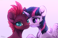 Size: 2476x1613 | Tagged: safe, artist:graypillow, fizzlepop berrytwist, tempest shadow, twilight sparkle, alicorn, pony, g4, my little pony: the movie, blushing, broken horn, colored eyebrows, cute, duo, duo female, eyebrows, female, horn, lesbian, mare, ship:tempestlight, shipping, signature, smiling, tempestbetes, twiabetes, twilight sparkle (alicorn), wings