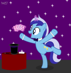 Size: 5765x5978 | Tagged: safe, artist:ironm17, minuette, pinkie pie, rainbow dash, rarity, twilight sparkle, pony, unicorn, g4, absurd resolution, bipedal, bowtie, card, card trick, female, hat, jack of clubs, jack of hearts, magic, magic aura, magic trick, mare, playing card, queen of diamonds, queen of spades, solo, standing, standing on one leg, table, top hat, wand