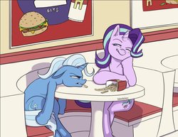 Size: 1280x990 | Tagged: safe, artist:theboxduchess, starlight glimmer, trixie, pony, unicorn, g4, date, fast food, fastfood restaurant, female, food, french fries, lesbian, one eye closed, ship:startrix, shipping, sitting, smiling, smirk, table, unamused