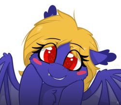 Size: 3352x2903 | Tagged: safe, artist:alie4derpy, oc, oc only, oc:butter cream, bat pony, bat pony oc, blush sticker, blushing, bust, cheek fluff, cheek squish, chest fluff, cute, eyelashes, female, high res, hooves on cheeks, looking at you, mare, portrait, request, simple background, smiling, solo, squishy cheeks, transparent background, weapons-grade cute, wings