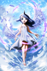 Size: 783x1180 | Tagged: safe, artist:gianghanz, artist:moondreamer16, princess luna, human, g4, clothes, collaboration, eared humanization, female, horn, horned humanization, humanized, solo, winged humanization, wings
