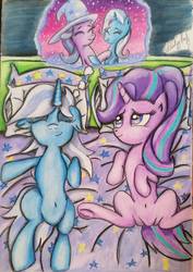 Size: 942x1328 | Tagged: safe, artist:steadypaw, starlight glimmer, trixie, pony, unicorn, g4, belly button, clothes, dream, duo, female, hat, lesbian, ship:startrix, shipping, sleeping, smiling, traditional art, trixie's hat