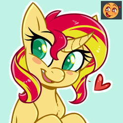 Size: 512x512 | Tagged: safe, artist:esmeia, sunset shimmer, pony, unicorn, g4, blush sticker, blushing, bust, curved horn, cute, emoji, emoticon, female, heart, horn, looking away, mare, open mouth, request, requested art, shimmerbetes, smiling, solo