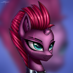 Size: 3000x3000 | Tagged: safe, artist:setharu, tempest shadow, pony, g4, my little pony: the movie, broken horn, bust, ear fluff, eye reflection, eye scar, female, high res, horn, mare, portrait, reflection, scar, signature, smiling, solo, zoom layer