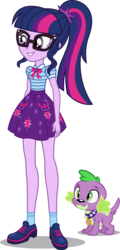 Size: 578x1200 | Tagged: safe, artist:seahawk270, sci-twi, spike, spike the regular dog, twilight sparkle, dog, a fine line, equestria girls, g4, my little pony equestria girls: better together, clothes, cutie mark on clothes, geode of telekinesis, glasses, magical geodes, ponytail, sci-twi skirt, shoes, simple background, skirt, smiling, socks, transparent background, vector