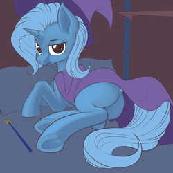 Size: 3500x3500 | Tagged: safe, artist:anti1mozg, trixie, pony, g4, bed, butt, cape, clothes, female, hat, high res, looking at you, plot, sad, solo, the great and powerful ass, the sad and depressive trixie, trixie's cape, trixie's hat, wand